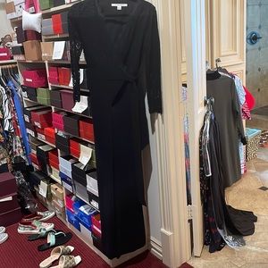 DVF jumpsuit - top is lace, pants are solid black.